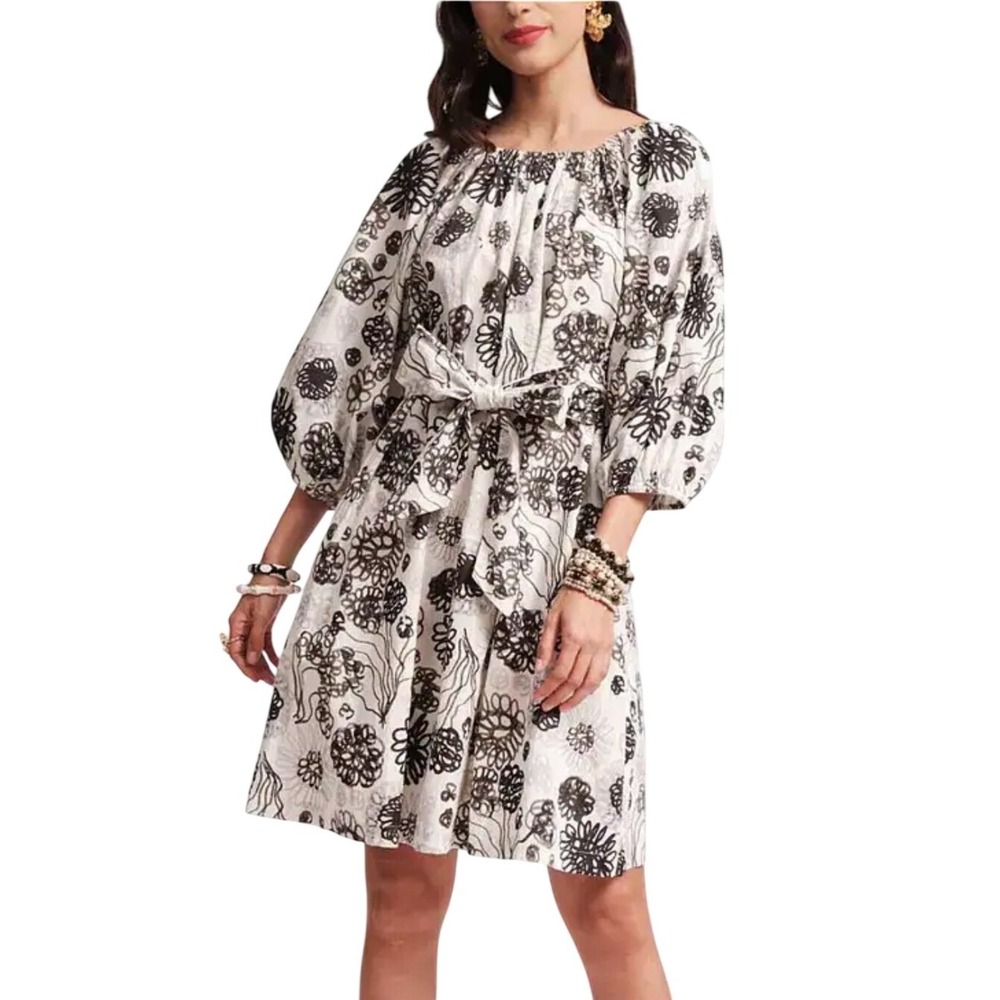 Frances Valentine Bliss Mini Scribble Dress White Black Floral Cotton Poplin S
